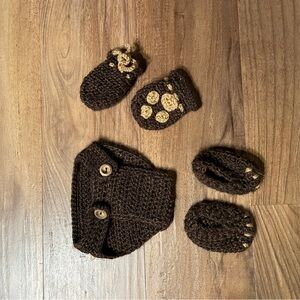 Handmade Newborn Outfit Brown Crochet Baby Mittens, Booties, and diaper Set